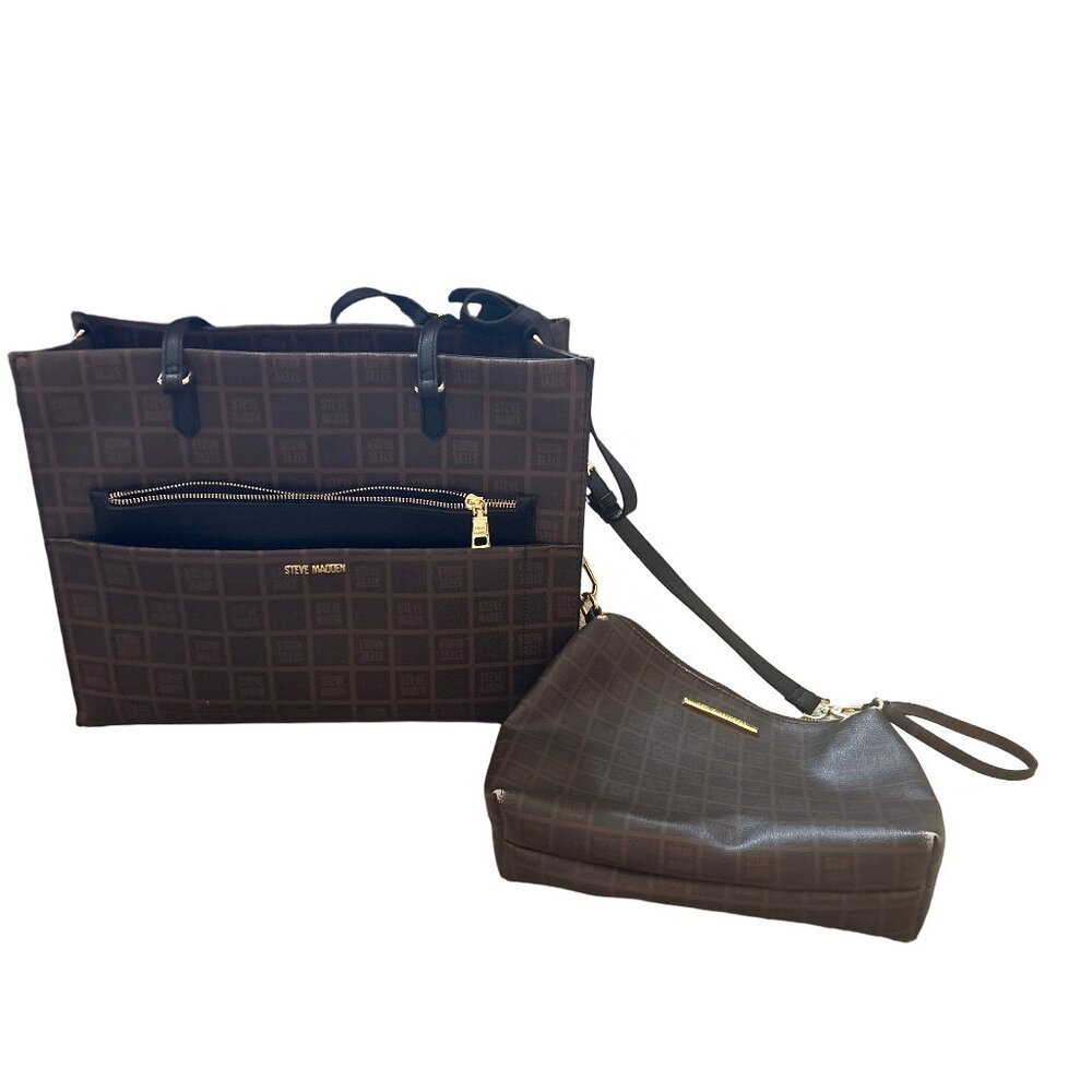 STEVE MADDEN PLAID TOTE SET BLIVIA COGNAC LOGO WITH PURSE - Picture 2 of 8